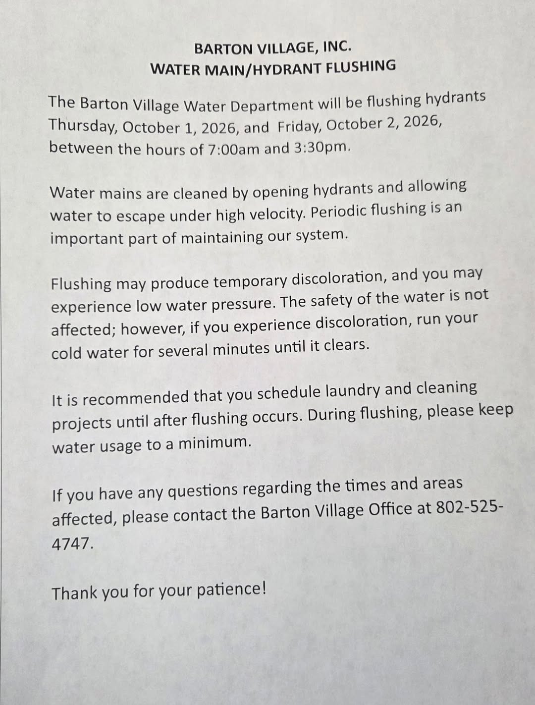 Barton Village Hydrant Flushing Scheduled for October 1–2