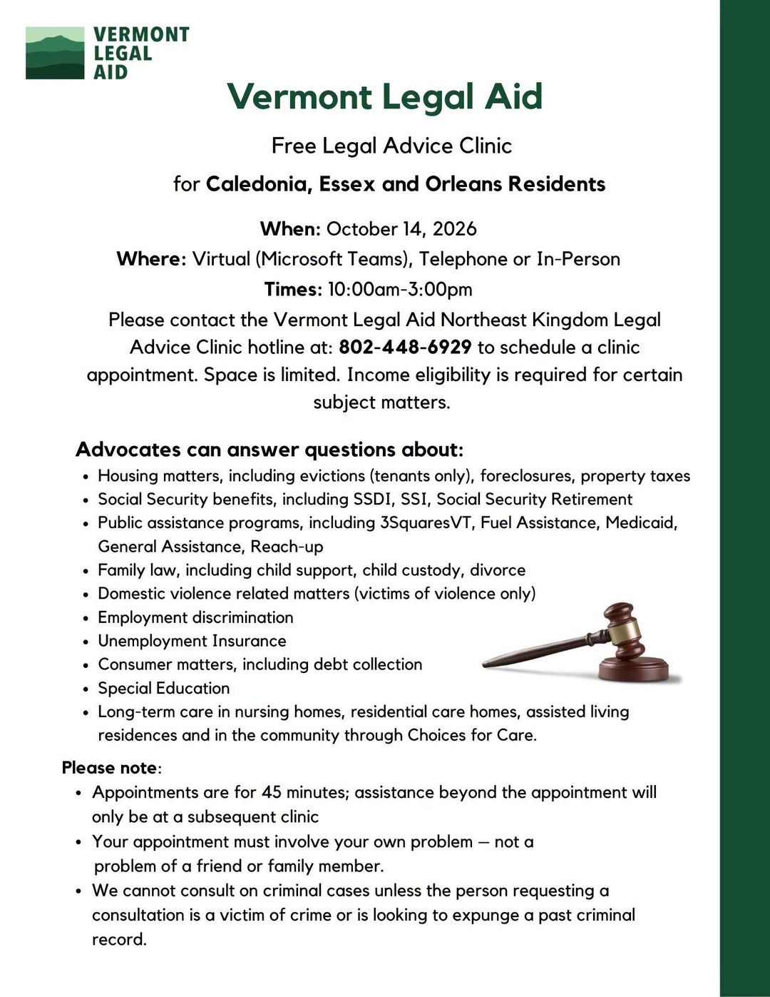 Free Legal Advice Clinic Coming to the NEK on October 14