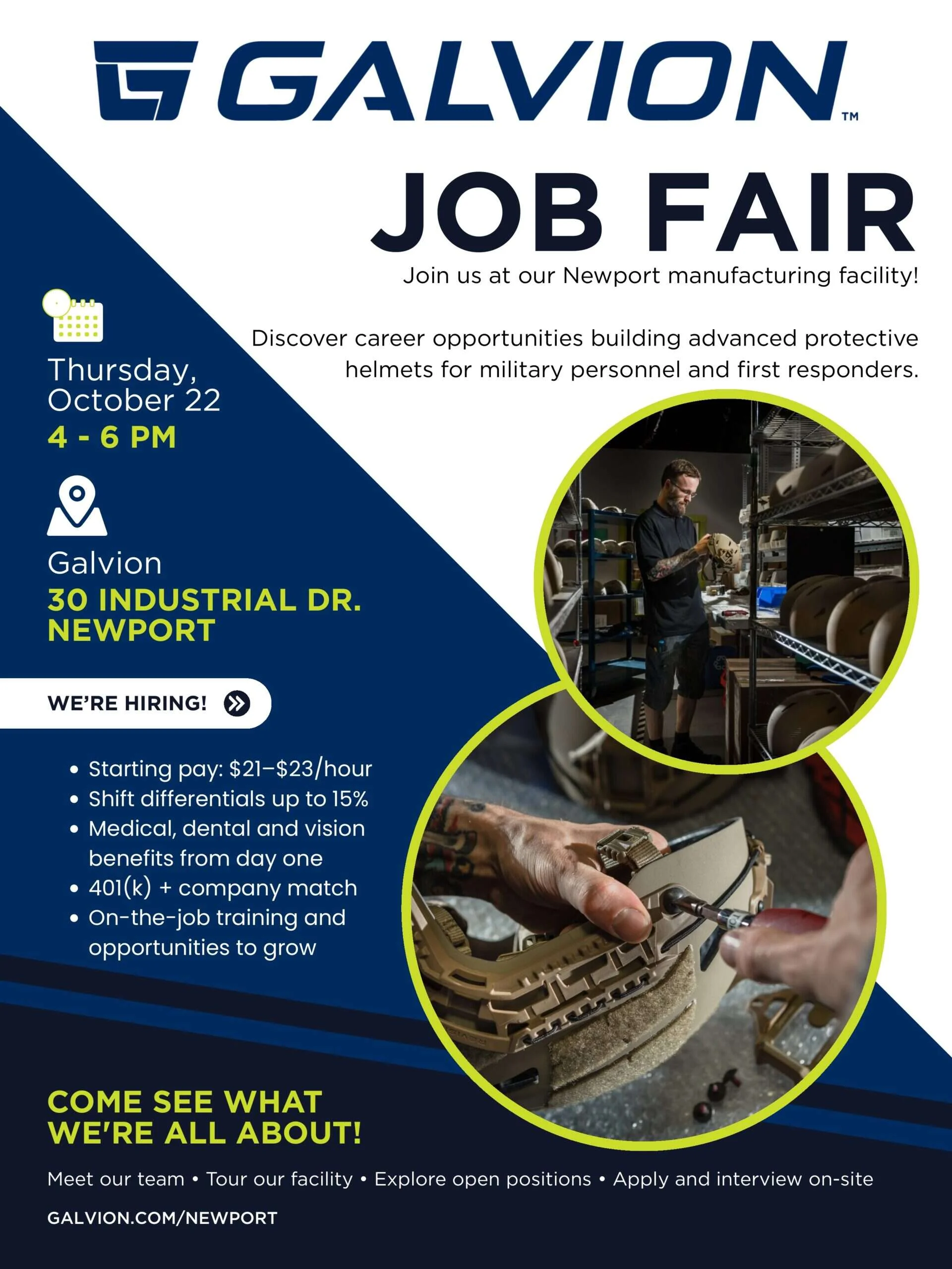 Galvion Job Fair flyer, October 22, 4–6 PM, 30 Industrial Dr., Newport